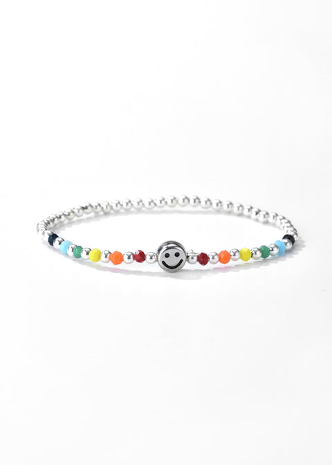 A smiley face bracelet with a sequence of small, colorful beads all around.