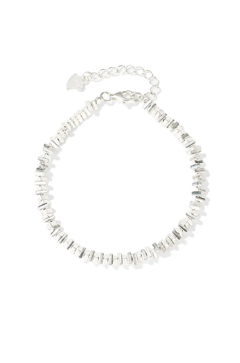 A silver chain bracelet with flat, rectangular links and a lobster clasp for secure closure.