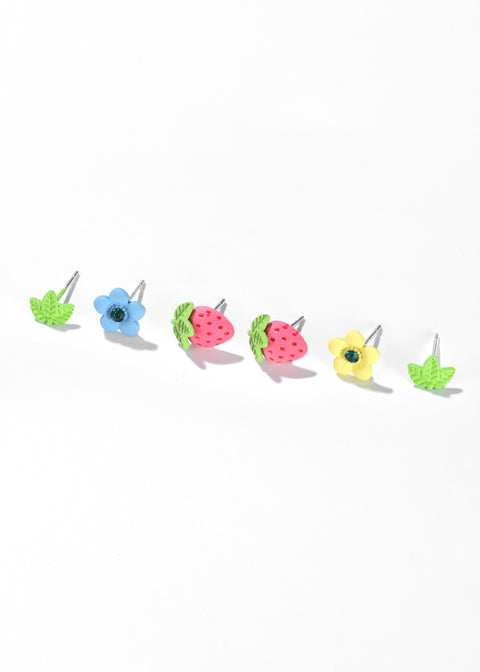 Strawberry earrings set with designs of flowers, strawberries, and green leaves.