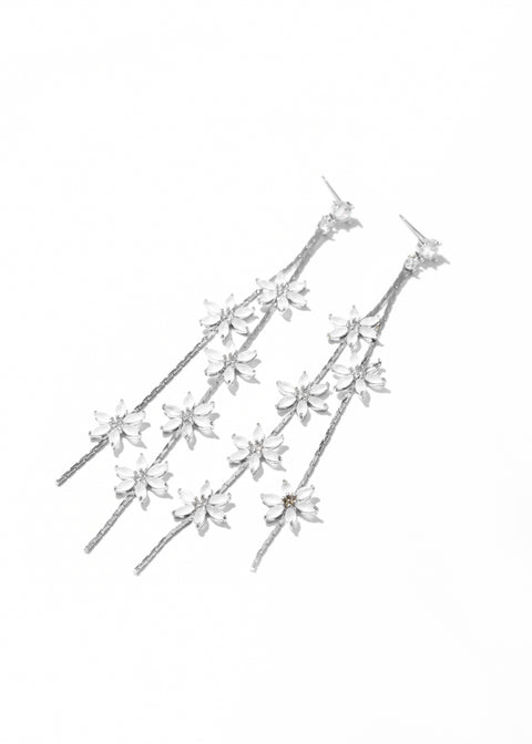 Cherry Blossom Earrings with multiple small, sparkling floral design trailing down.