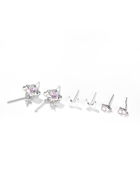 Celestial Earrings Set with pair showcasing pink gemstones and hanging star detail.