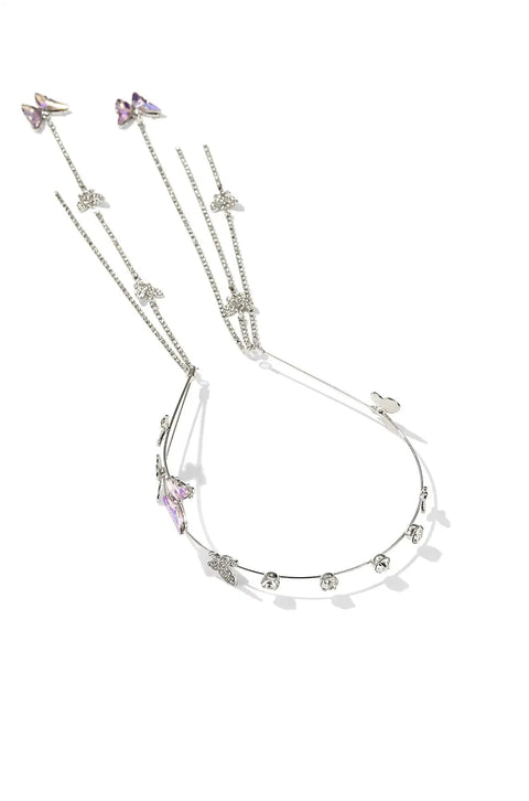 Butterfly chain headband designed with crystals, small stones, and chain links.
