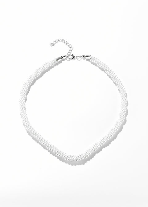 Faux pearls necklace with multiple strands, featuring a silver-tone clasp and adjustable chain.