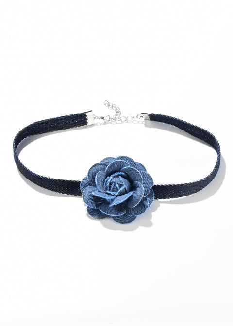 Rose choker with a denim fabric featuring a dark band and a silver chain for adjustment.