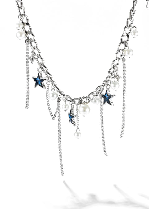 Star Chain Necklace with silver stars and white pearl deangles.
