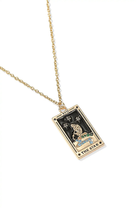 A tarot card necklace featuring a rectangular pendant inscribed at the bottom.