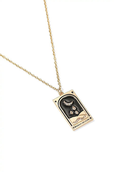 A tarot card necklace featuring a rectangular pendant inscribed at the bottom.