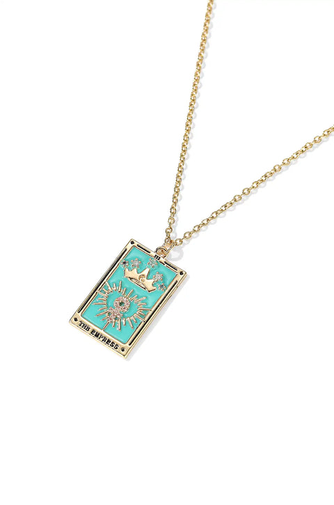 A tarot card necklace featuring a rectangular pendant inscribed at the bottom.
