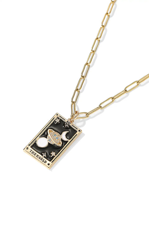 A tarot card necklace featuring a rectangular pendant inscribed at the bottom.