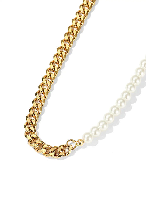 This half Cuban half pearl necklace features alternating sections of metal links and white pearls.