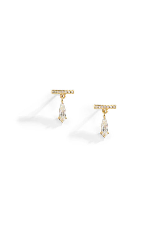 Teardrop crystal earrings dangling from bar with small stones.