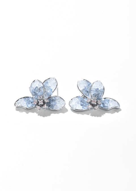Flower stud earrings with blue crystal petals and a shiny center.