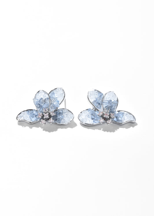 Flower stud earrings with blue crystal petals and a shiny center.
