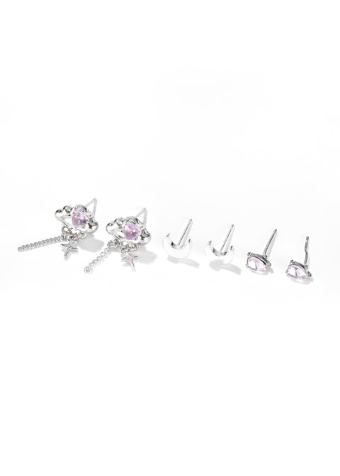 Stud earrings set, with a pair showcasing pink gemstones and another pair with a hanging star detail.