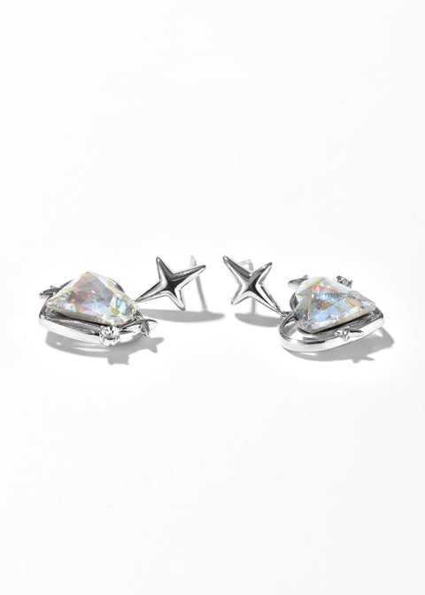 Heart earrings featuring reflective clear crystal and small star accents.