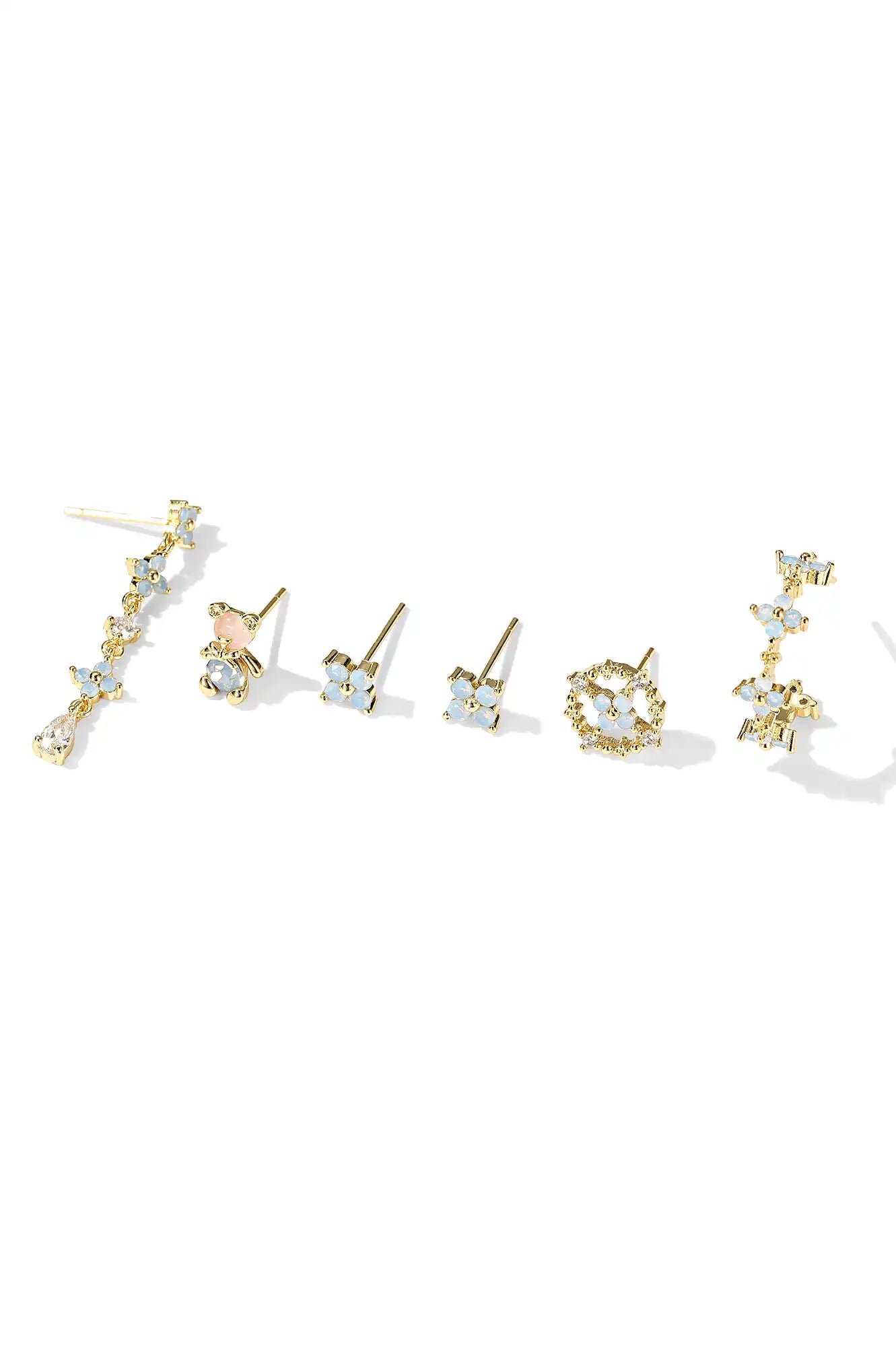 18K Gold Flower Bear 6pcs Earring Set