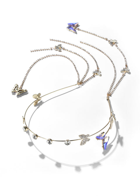 Butterfly chain headband designed with crystals, small stones, and chain links.