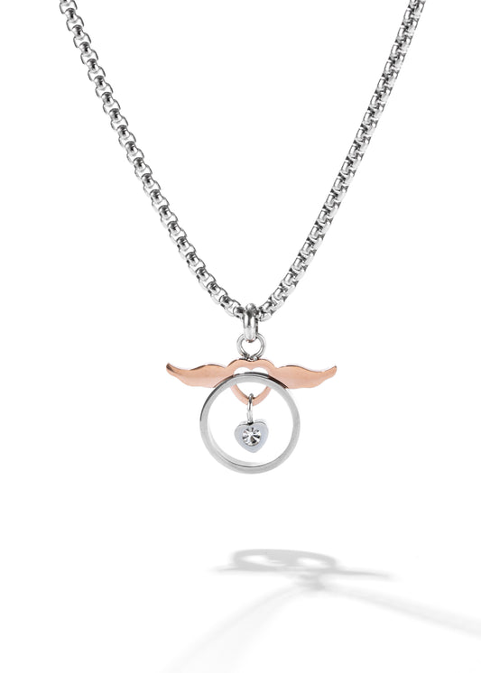 One of the matching couples necklaces with angel wing pendant, in the center of which hangs a tiny, clear crystal.