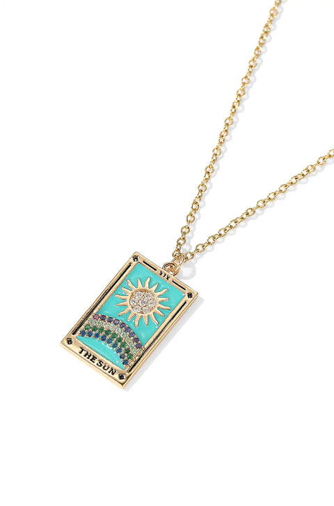 A tarot card necklace featuring a rectangular pendant inscribed at the bottom.