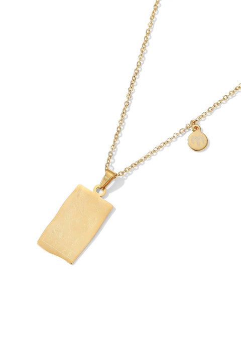 An Aries necklace featuring rectangular pendant with floral design, and a smaller, round charm with the zodiac sign.