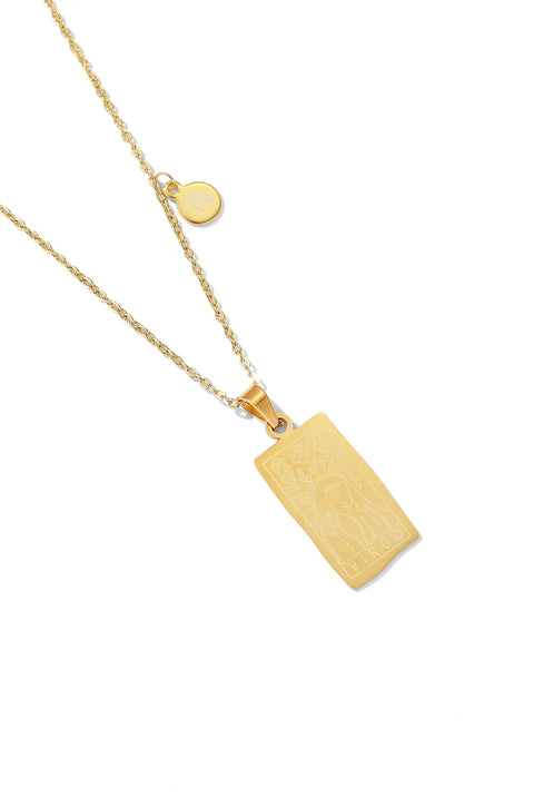 A Virgo necklace featuring rectangular pendant with floral design, and a smaller, round charm with the zodiac sign.