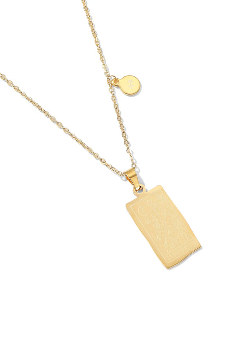 A Sagittarius necklace featuring rectangular pendant with floral design, and a smaller, round charm with the zodiac sign.