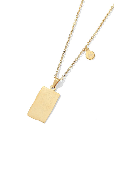 A Pisces necklace featuring rectangular pendant with floral design, and a smaller, round charm with the zodiac sign.