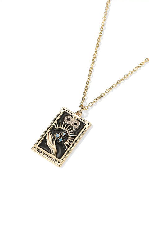 A tarot card necklace featuring a rectangular pendant inscribed at the bottom.