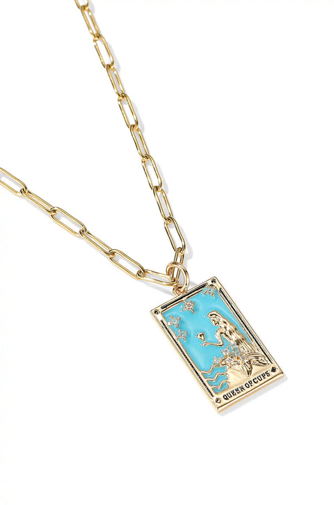 A tarot card necklace featuring a rectangular pendant inscribed at the bottom.