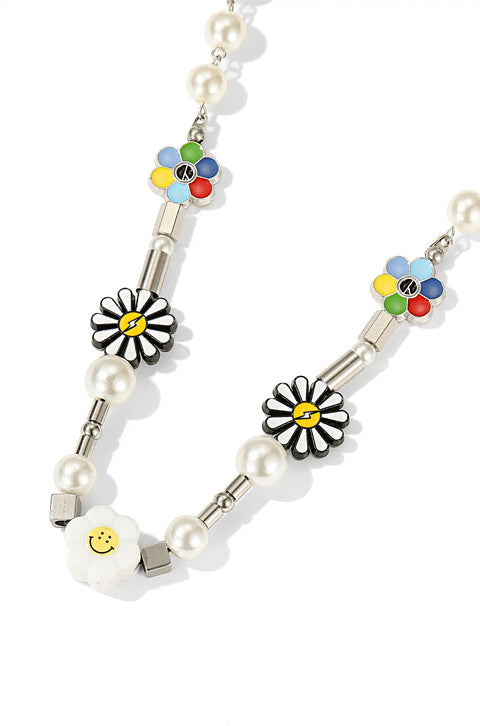 This colorful beaded necklace features flower charms, smiley faces, and shiny pearls.