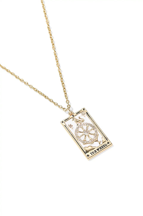 A tarot card necklace featuring a rectangular pendant inscribed at the bottom.