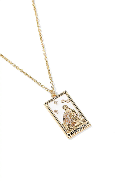 A tarot card necklace featuring a rectangular pendant inscribed at the bottom.