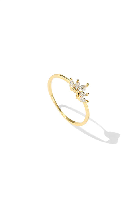 A crown ring with pointed, sparkling marquise-cut stones on top.