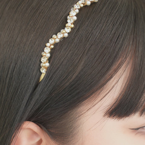 A rhinestone headband in gold frame studded with small clear and pearl beads.