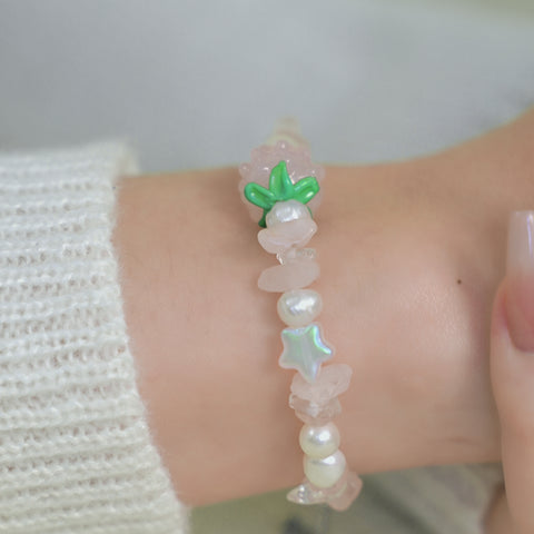 Strawberry bracelet with pink crystal beads, and pearls.