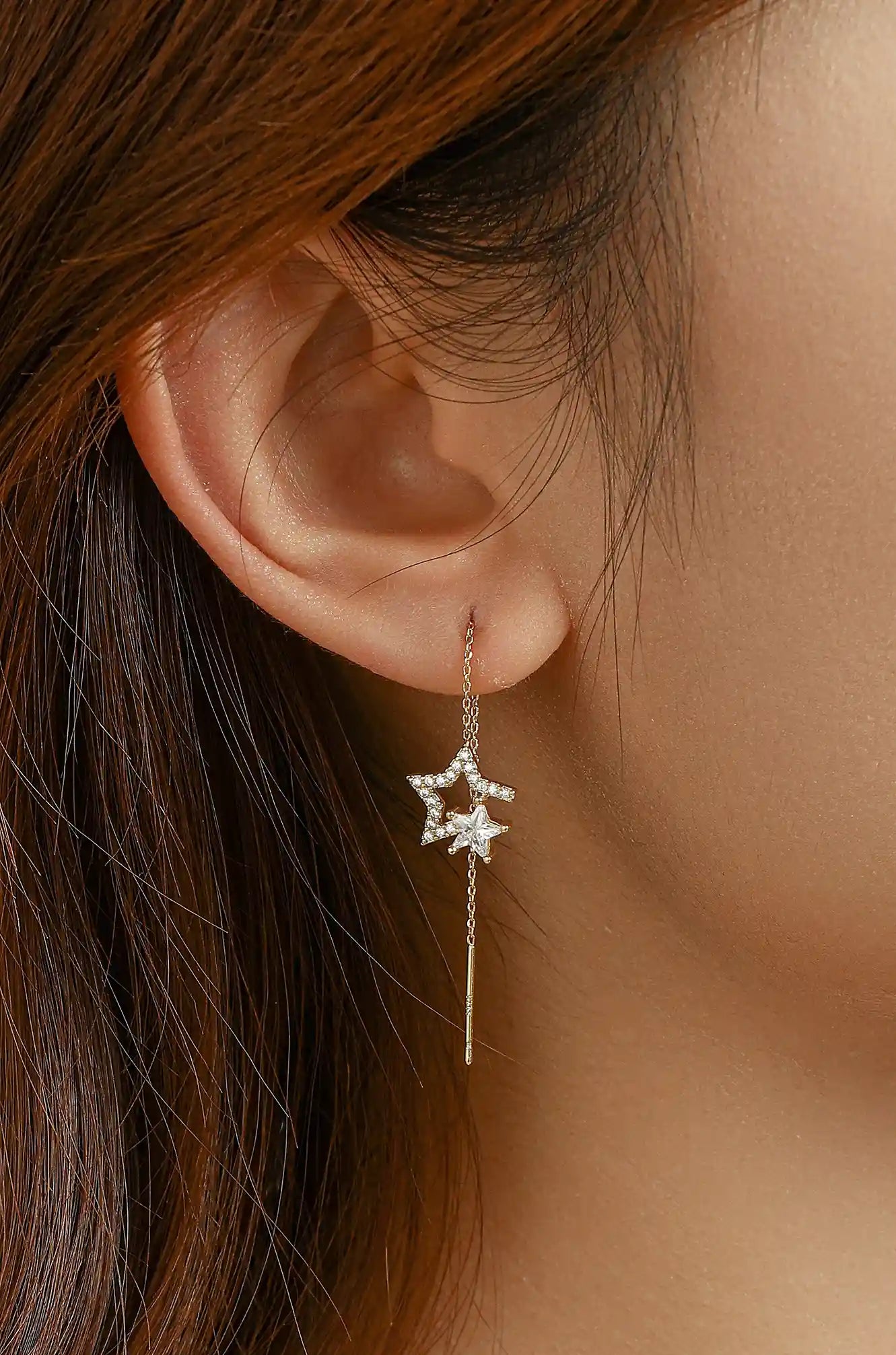 Pave Moon & Star Threader Earrings