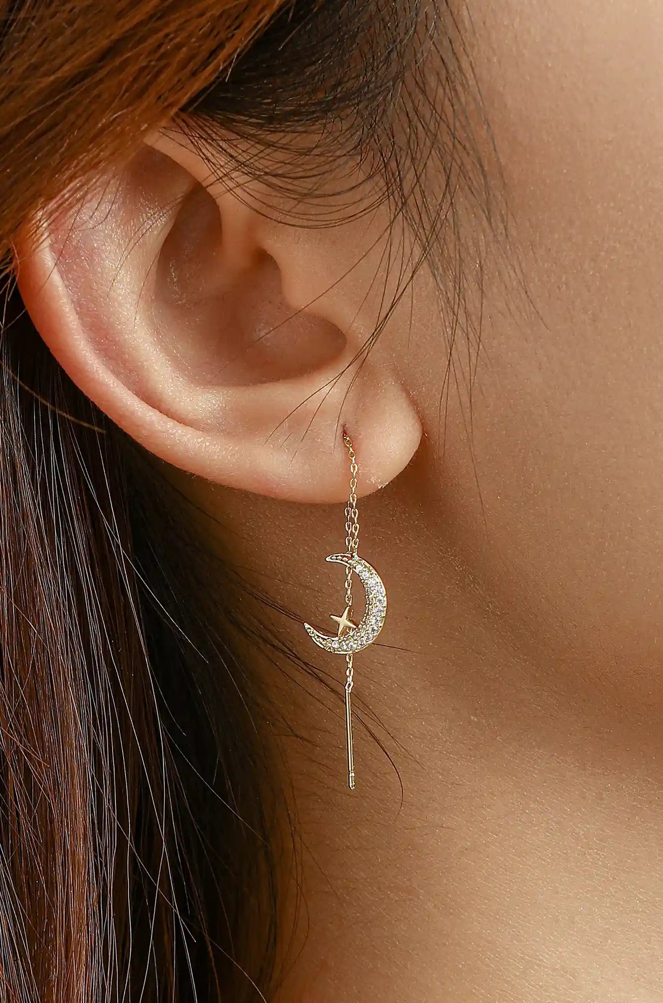 Pave Moon & Star Threader Earrings