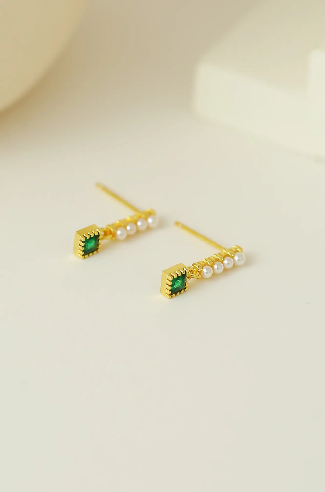 Pearl Bar Emerald Green Dangle Earrings