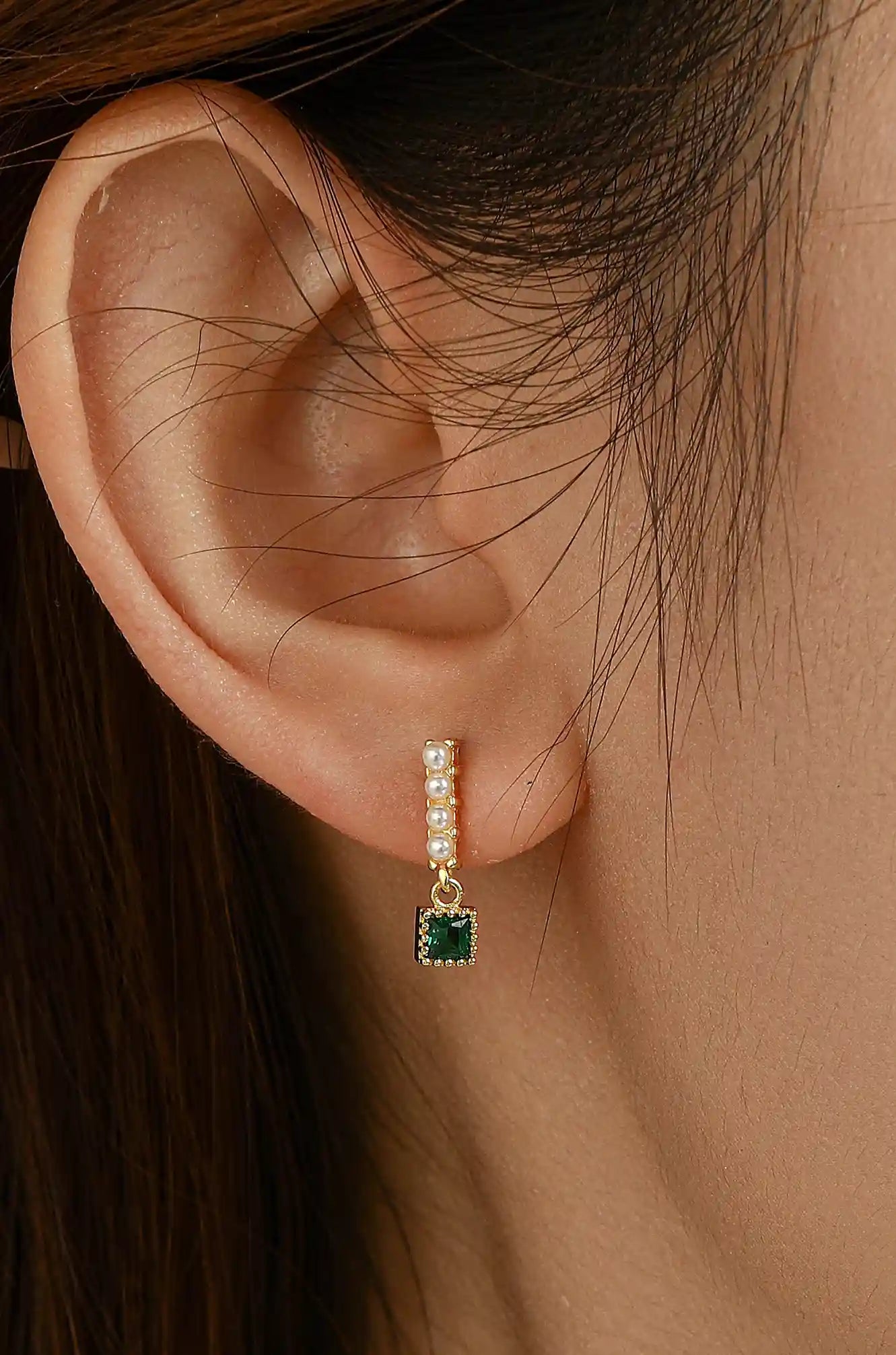 Pearl Bar Emerald Green Dangle Earrings