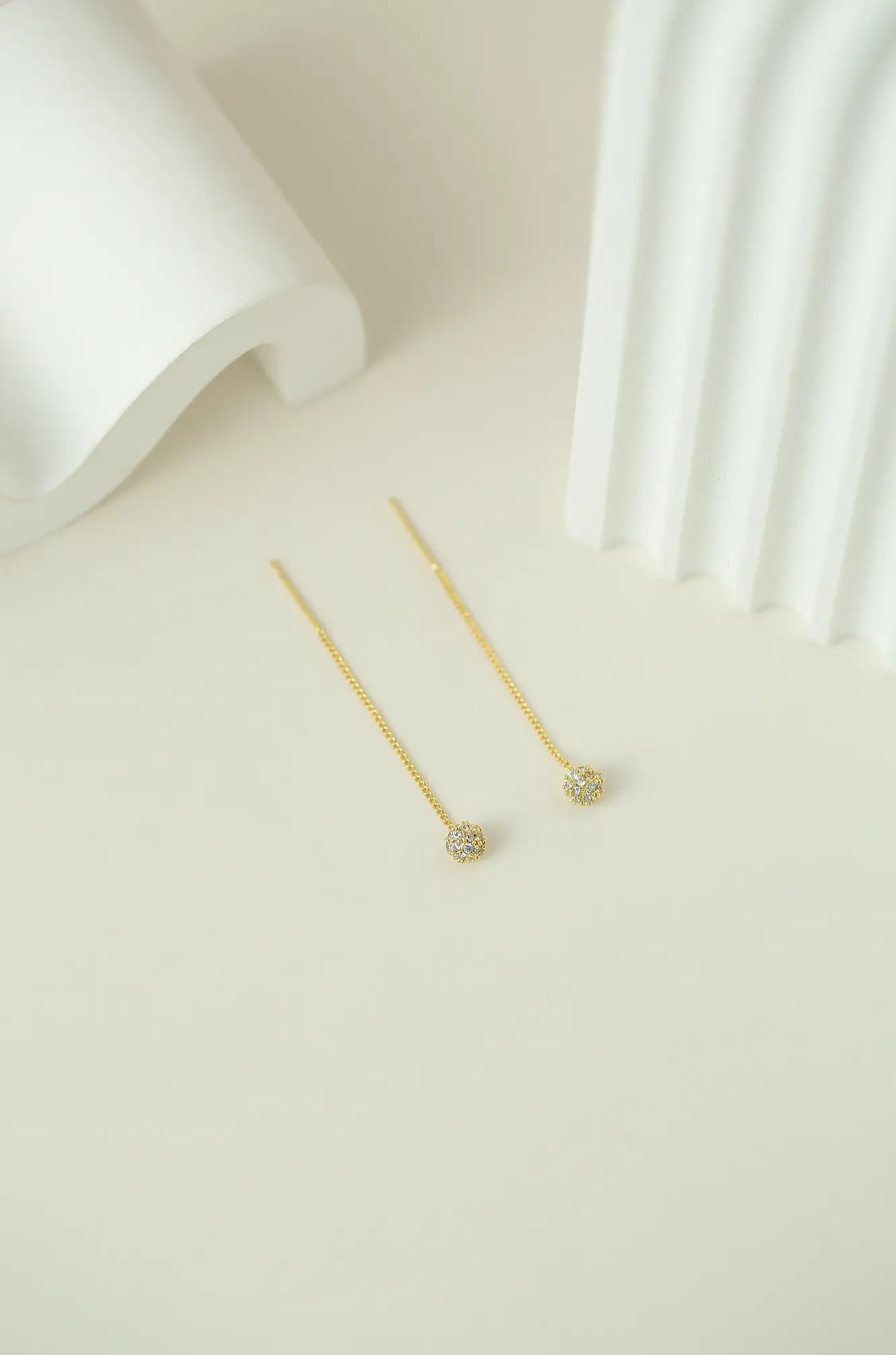 Gold Rhinestone Ball Threader Earrings