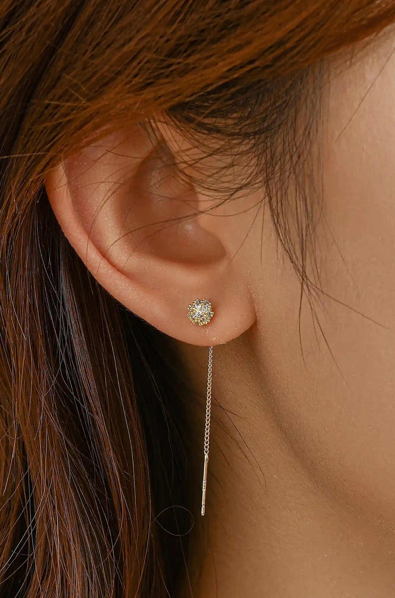 Gold Rhinestone Ball Threader Earrings