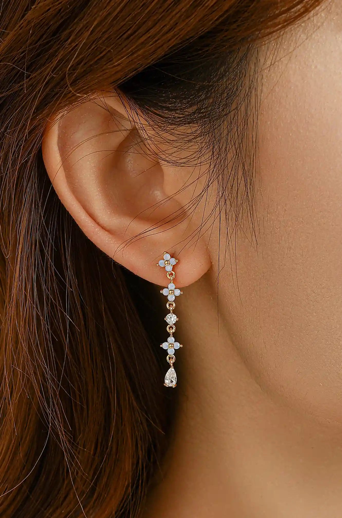 18K Floral pave Diamond Drop Earrings - 240-6362