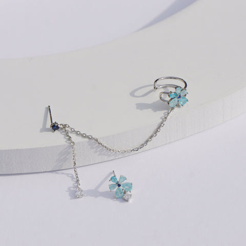 Floral Chain Dangle Earring, Mismatch Earring, Korean Earring, Jewelry Gift, kpop Earring, Floral Ear Clip, Chain Drop Earring E108 E109