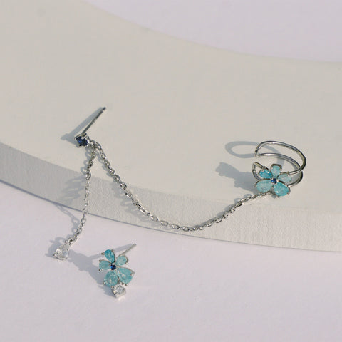Floral Chain Dangle Earring, Mismatch Earring, Korean Earring, Jewelry Gift, kpop Earring, Floral Ear Clip, Chain Drop Earring E108 E109